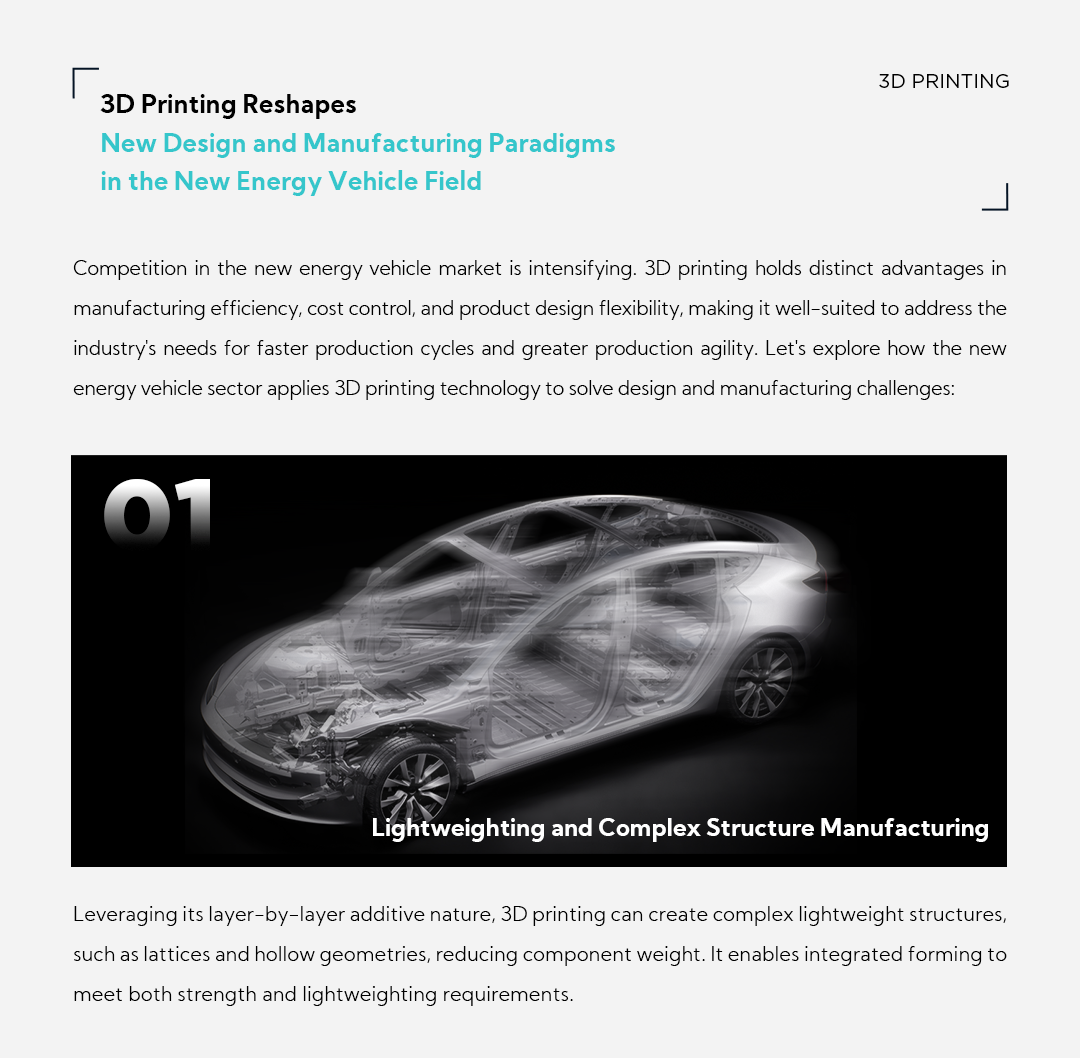 3D Printing Reshapes New Design and Manufacturing Paradigms in the New Energy Vehicle Field Competition in the new energy vehicle market is intensifying. 3D printing holds distinct advantages in manufacturing efficiency, cost control, and product design flexibility, making it well-suited to address the industry's needs for faster production cycles and greater production agility. Let's explore how the new energy vehicle sector applies 3D printing technology to solve design and manufacturing challenges: 1. Lightweighting and Complex Structure Manufacturing Leveraging its layer-by-layer additive nature, 3D printing can create complex lightweight structures, such as lattices and hollow geometries, reducing component weight. It enables integrated forming to meet both strength and lightweighting requirements.