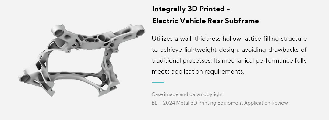 Integrally 3D Printed - Electric Vehicle Rear Subframe Utilizes a wall-thickness hollow lattice filling structure to achieve lightweight design, avoiding drawbacks of traditional processes. Its mechanical performance fully meets application requirements.