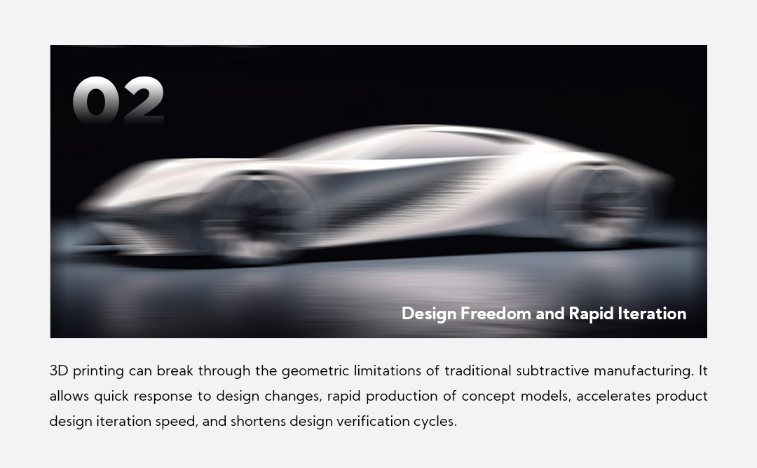 2. Design Freedom and Rapid Iteration 3D printing can break through the geometric limitations of traditional subtractive manufacturing. It allows quick response to design changes, rapid production of concept models, accelerates product design iteration speed, and shortens design verification cycles.