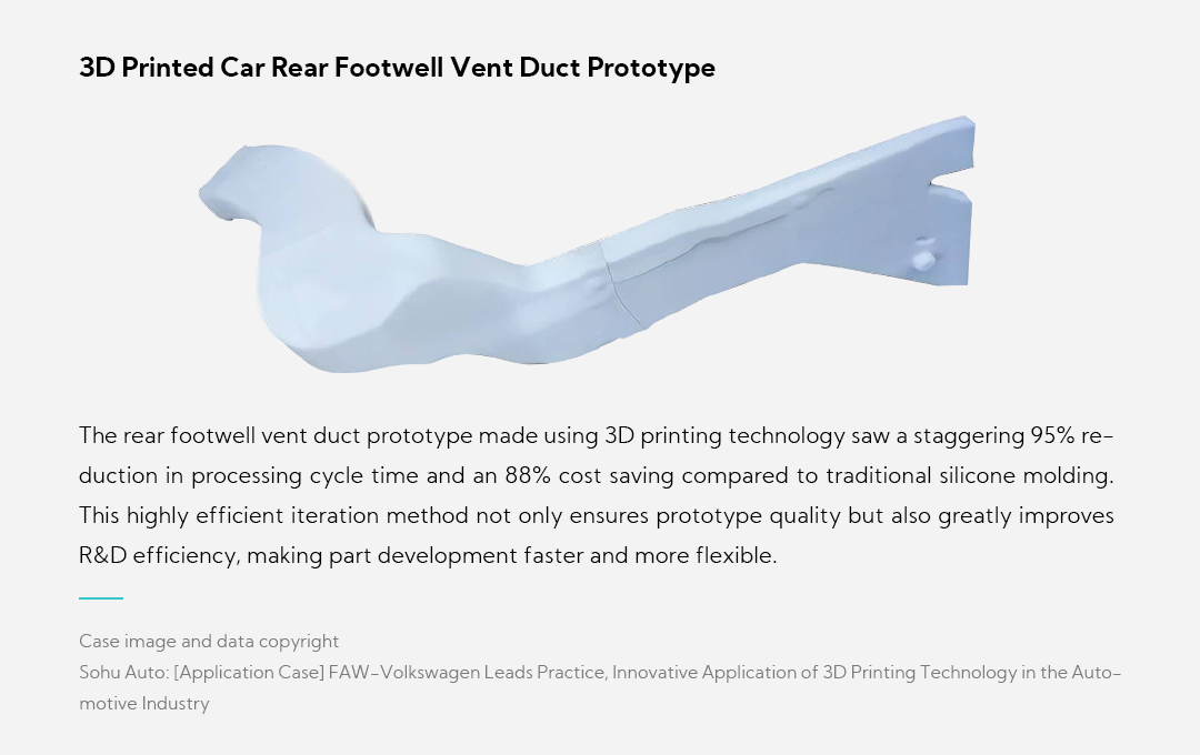 3D Printed Car Rear Footwell Vent Duct Prototype The rear footwell vent duct prototype made using 3D printing technology saw a staggering 95% reduction in processing cycle time and an 88% cost saving compared to traditional silicone molding. This highly efficient iteration method not only ensures prototype quality but also greatly improves R&D efficiency, making part development faster and more flexible.