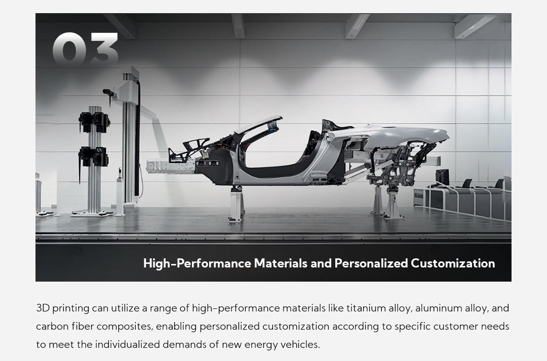 3. High-Performance Materials and Personalized Customization 3D printing can utilize a range of high-performance materials like titanium alloy, aluminum alloy, and carbon fiber composites, enabling personalized customization according to specific customer needs to meet the individualized demands of new energy vehicles.