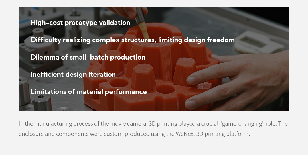 High-cost prototype validation Difficulty realizing complex structures, limiting design freedom Dilemma of small-batch production Inefficient design iteration Limitations of material performance In the manufacturing process of the movie camera, 3D printing played a crucial "game-changing" role. The enclosure and components were custom-produced using the WeNext 3D printing platform.
