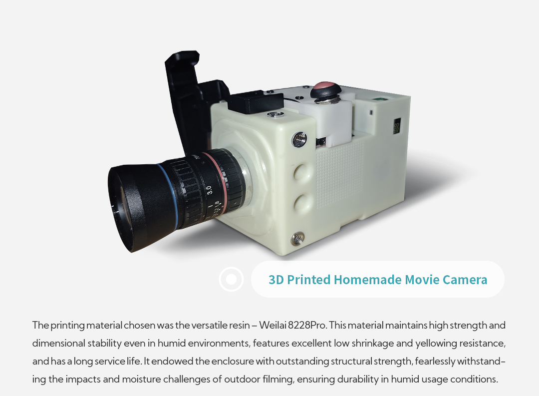 The printing material chosen was the versatile resin – Weilai 8228Pro. This material maintains high strength and dimensional stability even in humid environments, features excellent low shrinkage and yellowing resistance, and has a long service life. It endowed the enclosure with outstanding structural strength, fearlessly withstanding the impacts and moisture challenges of outdoor filming, ensuring durability in humid usage conditions.