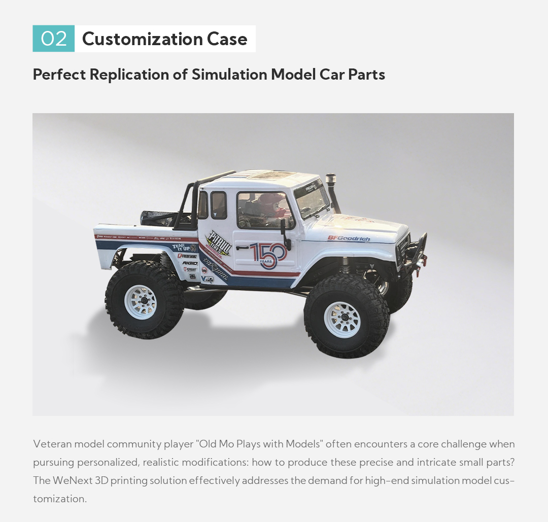 02 Customization Case Perfect Replication of Simulation Model Car Parts Veteran model community player "Old Mo Plays with Models" often encounters a core challenge when pursuing personalized, realistic modifications: how to produce these precise and intricate small parts? The WeNext 3D printing solution effectively addresses the demand for high-end simulation model customization.